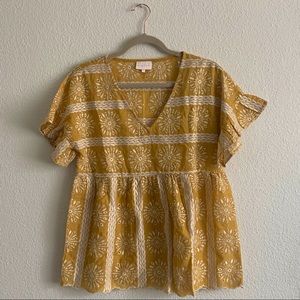 Entro Mustard Yellow Floral Embroidered Top with Ruffled Sleeves NWOT